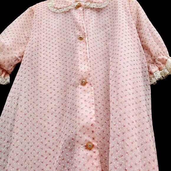 Vintage Pink Nylon Dotted Swiss Robe L Lace Collar Rhinestone Buttons 1960s - Picture 11 of 11